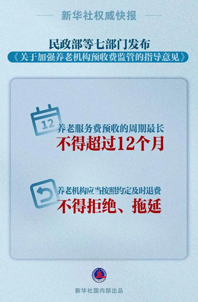 民政部等七部门：养老机构预收费周期不得超12个月